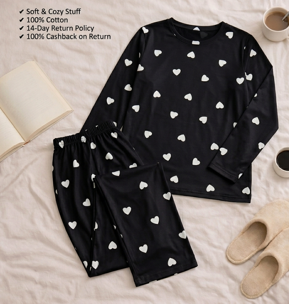 Black Little Hear Full Sleeves Matching Night Wear