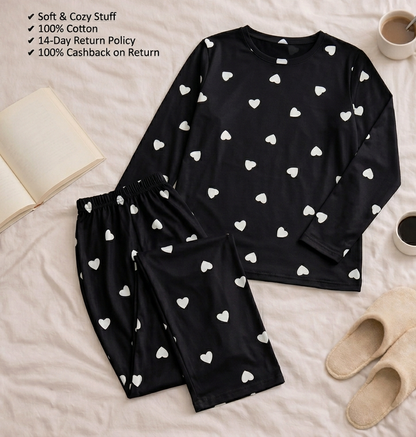 Black Little Hear Full Sleeves Matching Night Wear