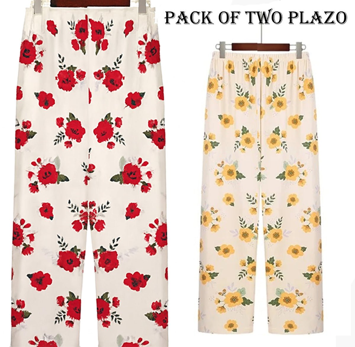 Pack of Two Comfy Casual Pajama Pants Floral Print Drawstring Palazzo Lounge Pants Wide Leg