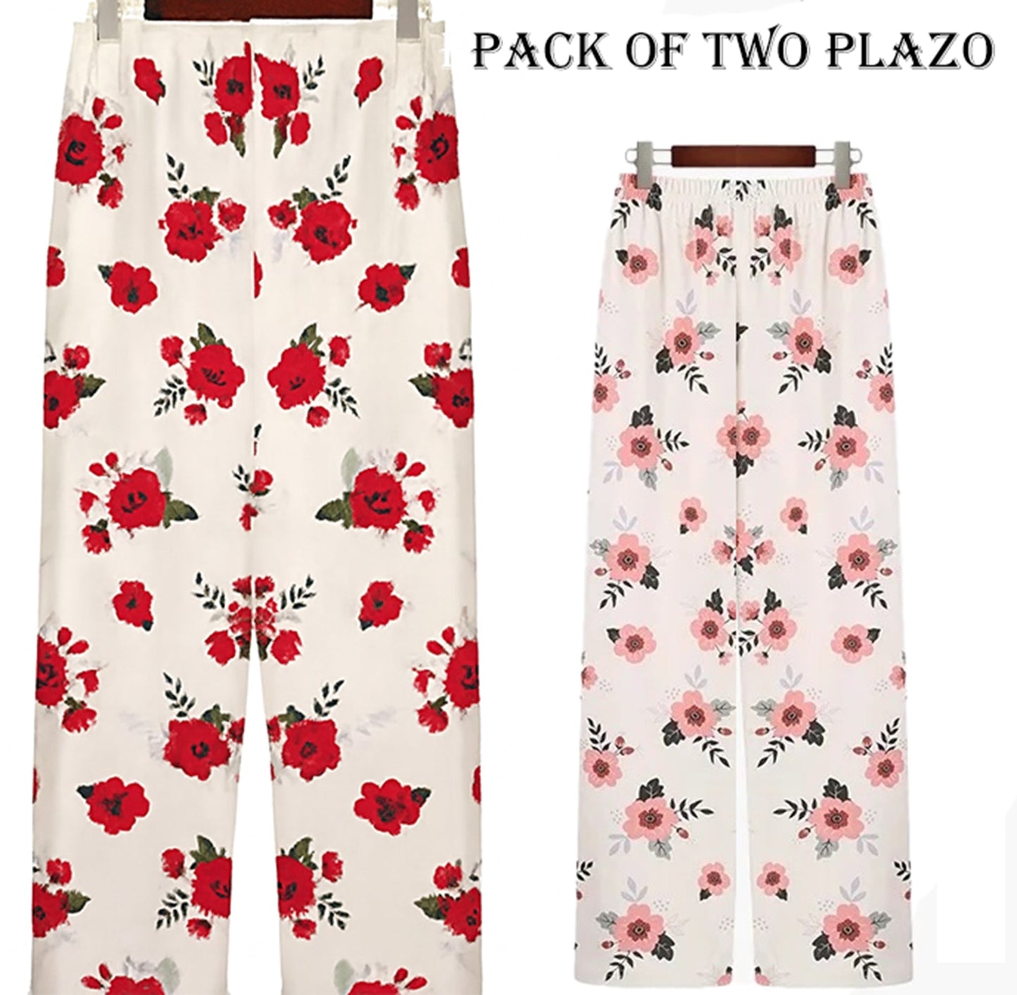 Pack of Two Comfy Casual Pajama Pants Floral Print Drawstring Palazzo Lounge Pants Wide Leg