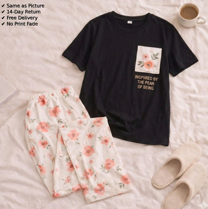 Premium Pocket Style Printed Black T-shirt with White Floral Trouser
