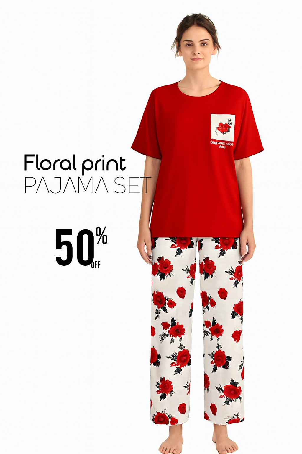 Premium Pocket Style Printed Red T-shirt with White Floral Trouser
