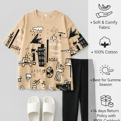Brown Graphic Planet Printed T-shirt with Sold Black Trouser Dress