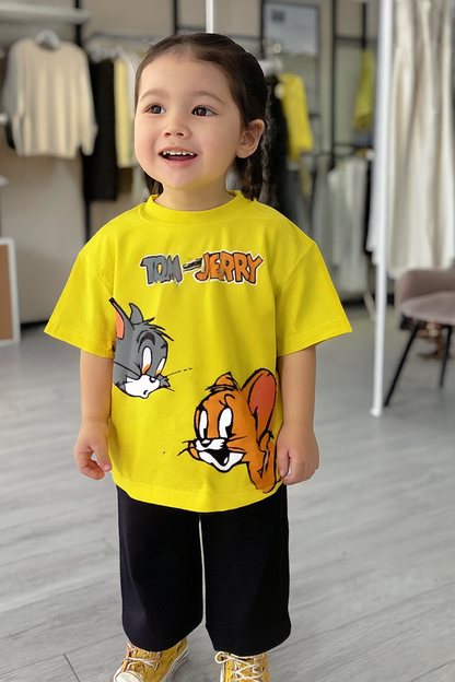 Yellow Tom and Jerry Cute Cartoon Printed Two Piece Dress Night Wear & Casual Wear