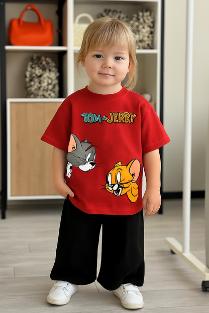 Red Tom and Jerry Cute Cartoon Printed Two Piece Dress for Adults and Kids