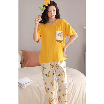 Premium Pocket Style Printed Yellow T-shirt with White Floral Trouser